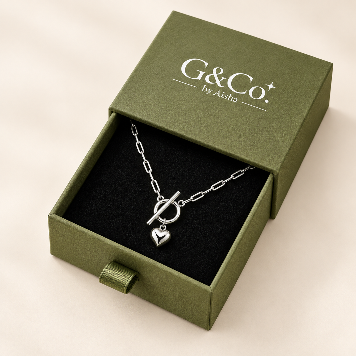 Rania puffed heart paperclip toggle necklace, view 7: paperclip chain with front toggle and puffed heart, Dubai