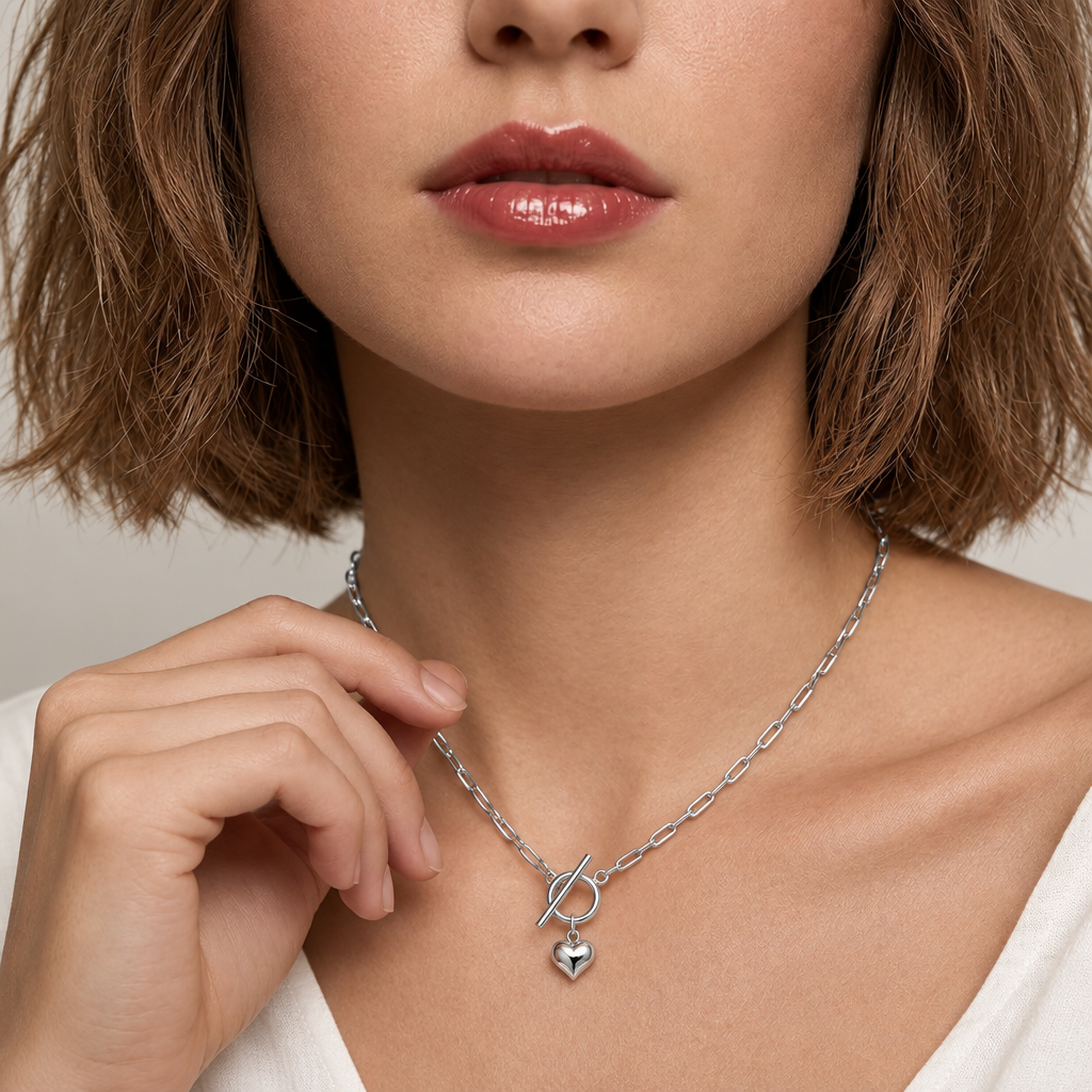 Rania puffed heart paperclip toggle necklace, view 11: paperclip chain with front toggle and puffed heart, Dubai