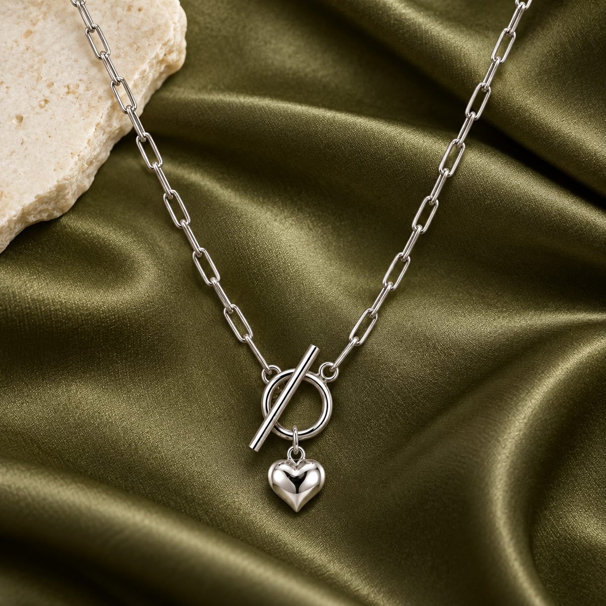 Rania puffed heart paperclip toggle necklace, view 6: paperclip chain with front toggle and puffed heart, Dubai