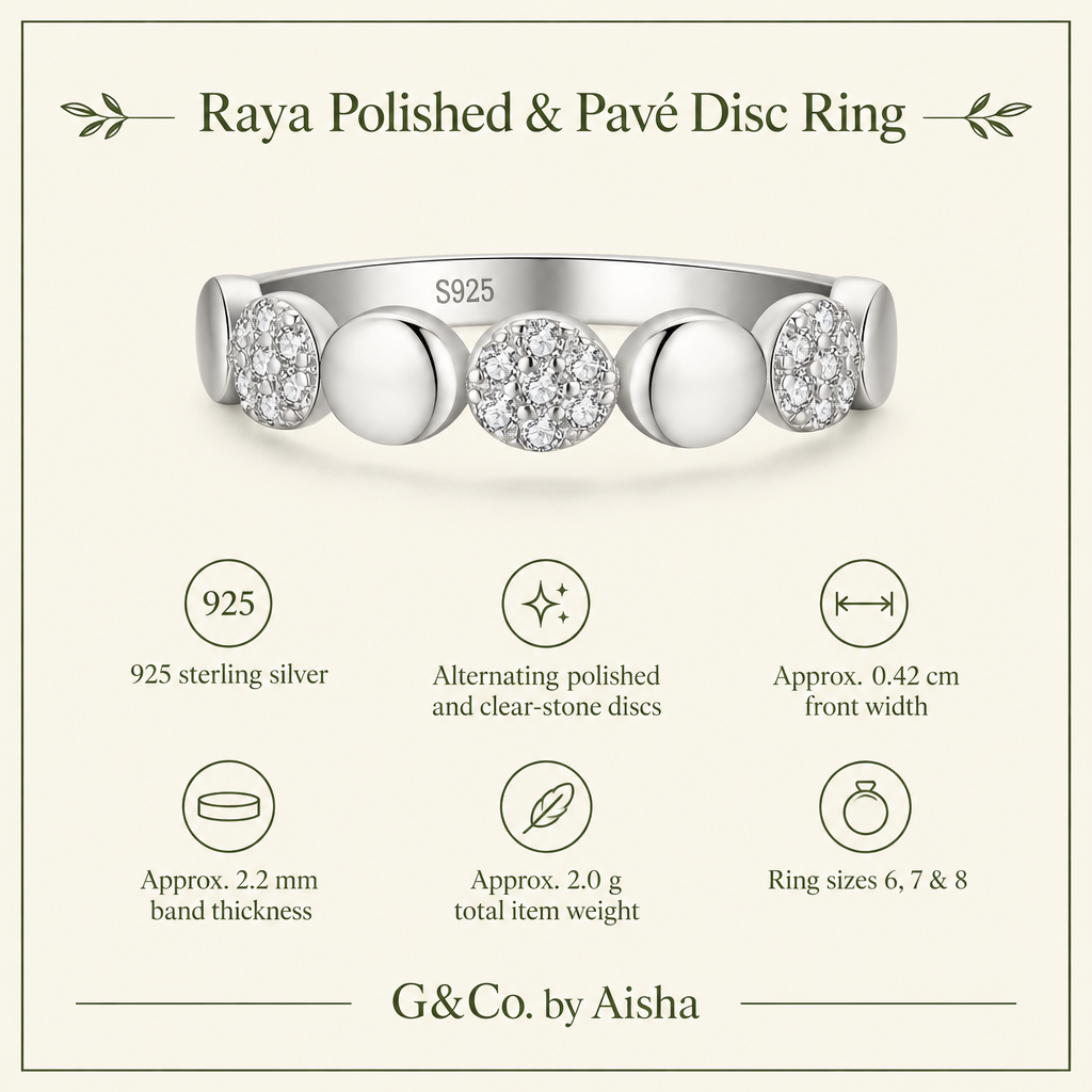 Raya polished & pavé disc ring, view 2: polished discs alternating with pavé circles, 925 sterling silver, Dubai