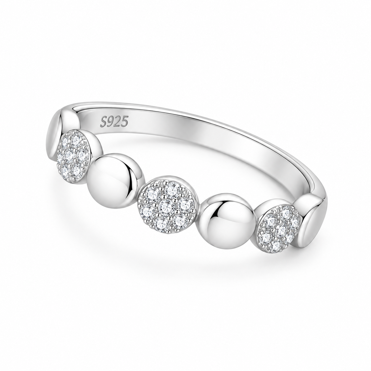Raya polished & pavé disc ring, view 5: polished discs alternating with pavé circles, 925 sterling silver, Dubai