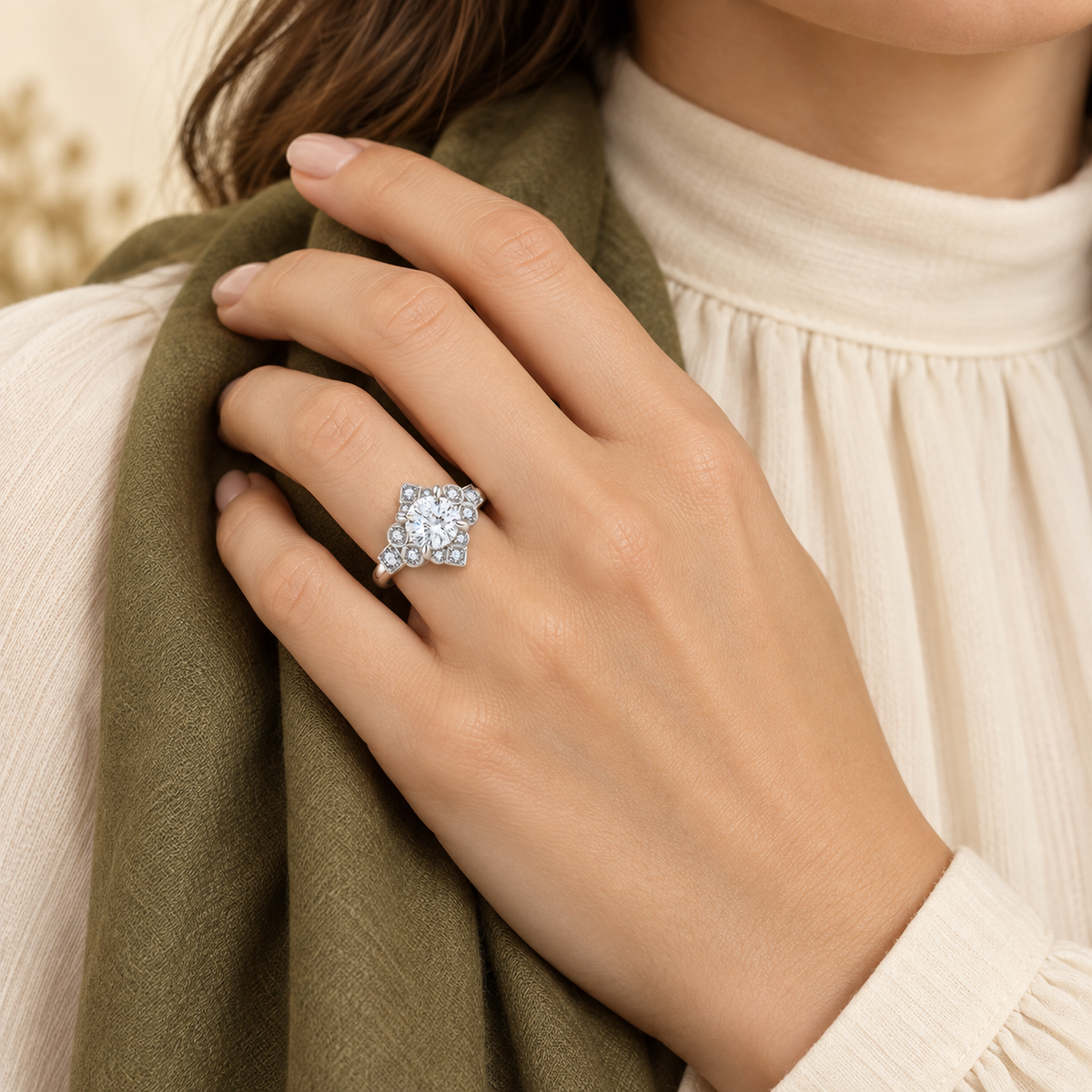 Regal Bloom floral halo moissanite ring, view 4: round moissanite in four prongs within a floral halo, Dubai
