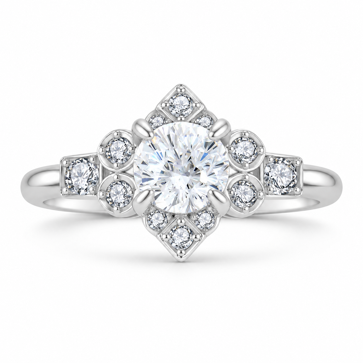 Regal Bloom floral halo moissanite ring close-up: round moissanite in four prongs within a floral halo, Dubai