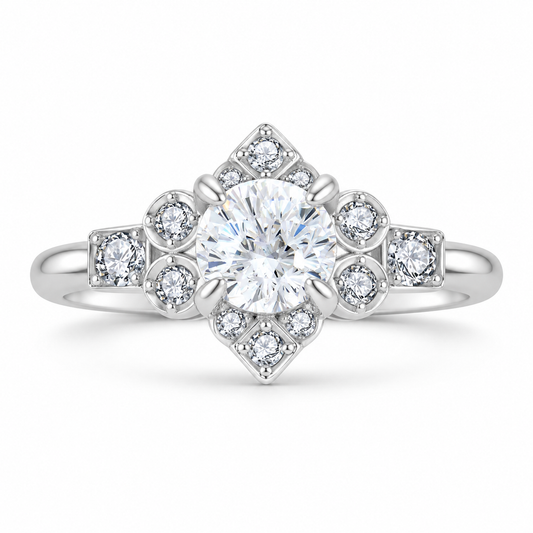 Regal Bloom floral halo moissanite ring close-up: round moissanite in four prongs within a floral halo, Dubai