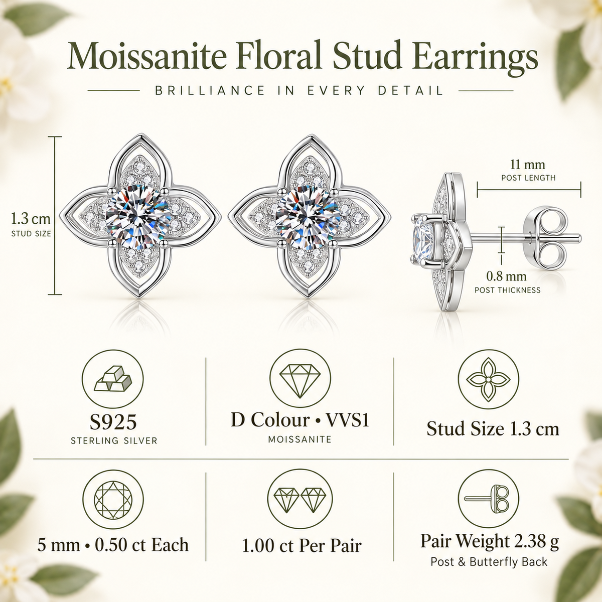 Rima four-petal bloom moissanite stud earrings, view 2: 5 mm moissanite studs inside four pointed petals, Dubai