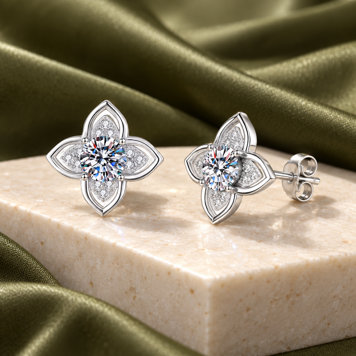 Rima four-petal bloom moissanite stud earrings, view 5: 5 mm moissanite studs inside four pointed petals, Dubai