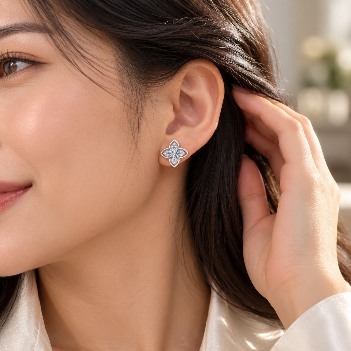 Rima four-petal bloom moissanite stud earrings, view 3: 5 mm moissanite studs inside four pointed petals, Dubai