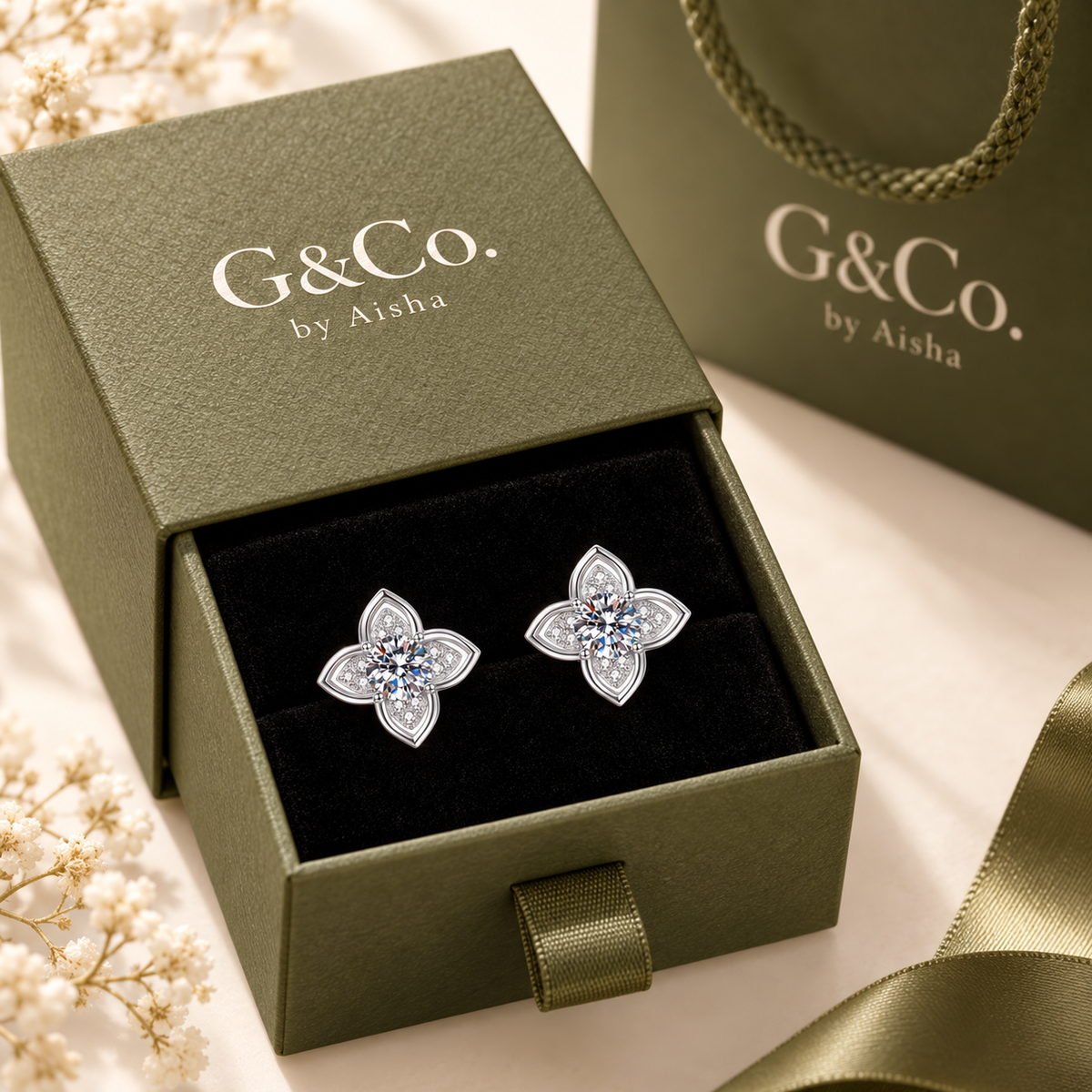 Rima four-petal bloom moissanite stud earrings, view 6: 5 mm moissanite studs inside four pointed petals, Dubai