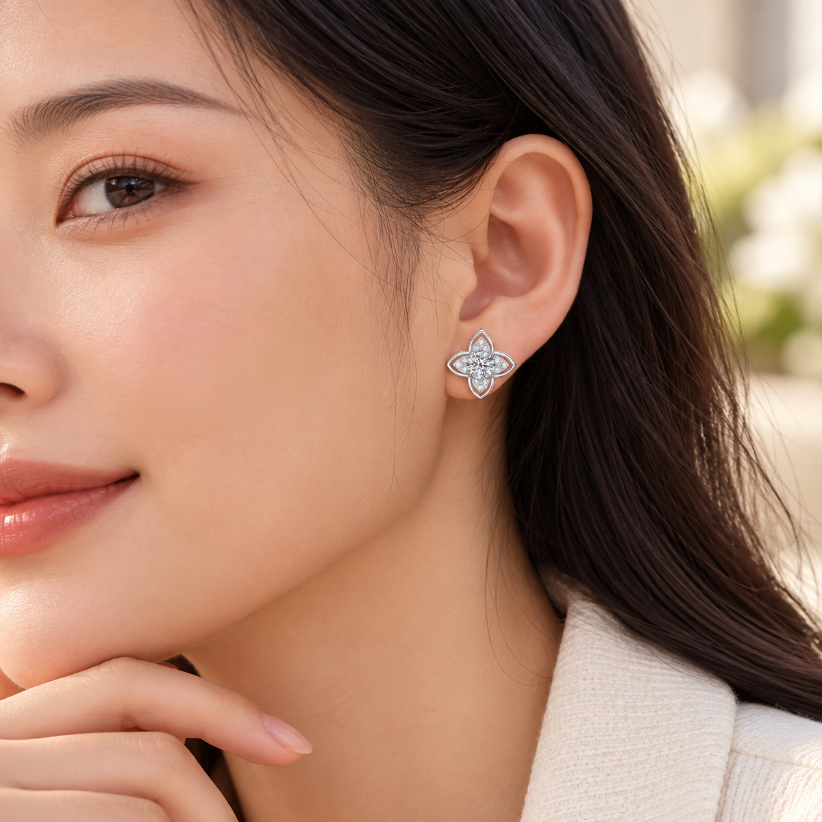 Rima four-petal bloom moissanite stud earrings, view 4: 5 mm moissanite studs inside four pointed petals, Dubai