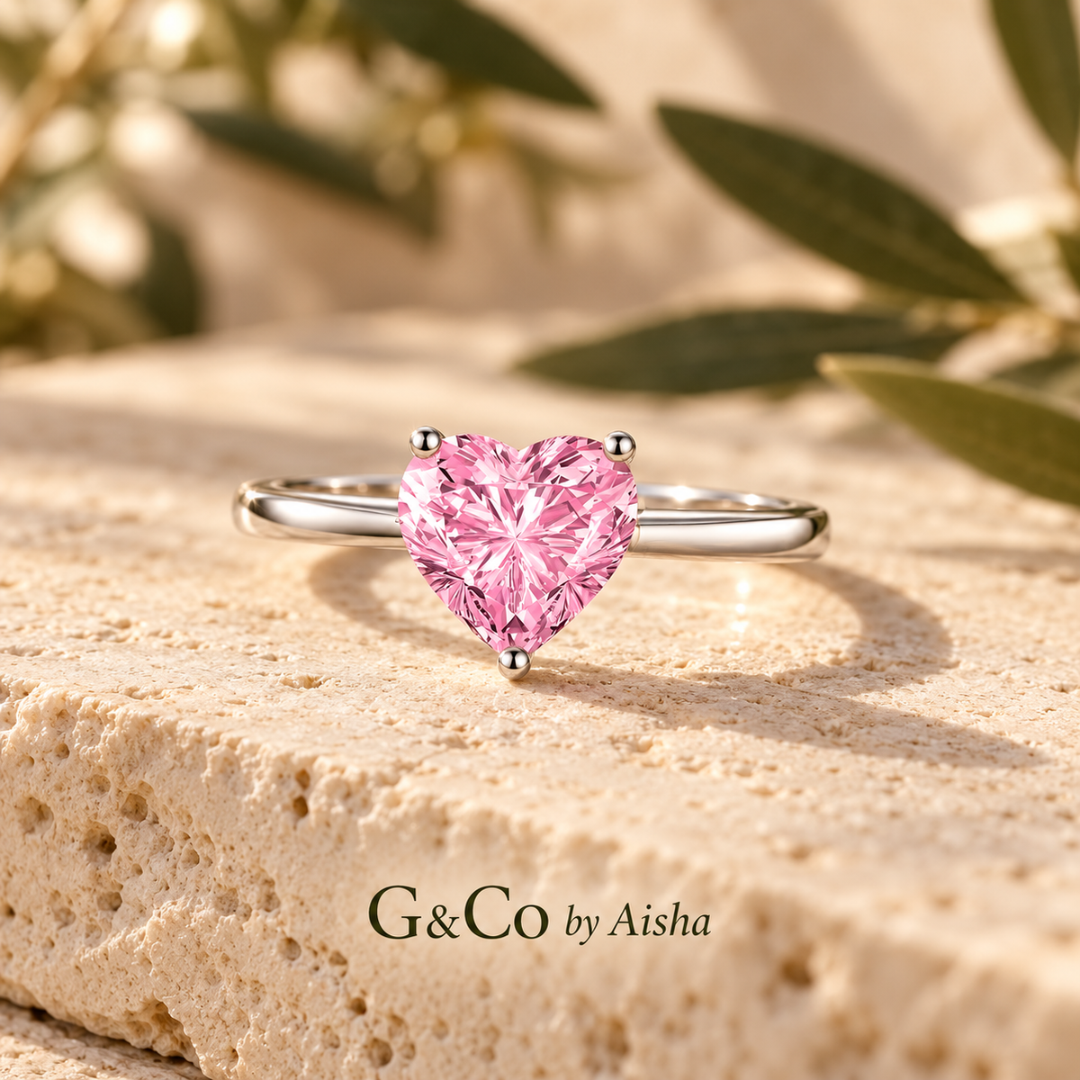 Rosalie pink heart-cut CZ ring, view 4: pink heart-cut CZ in three prongs on a slim band, 925 sterling silver, Dubai