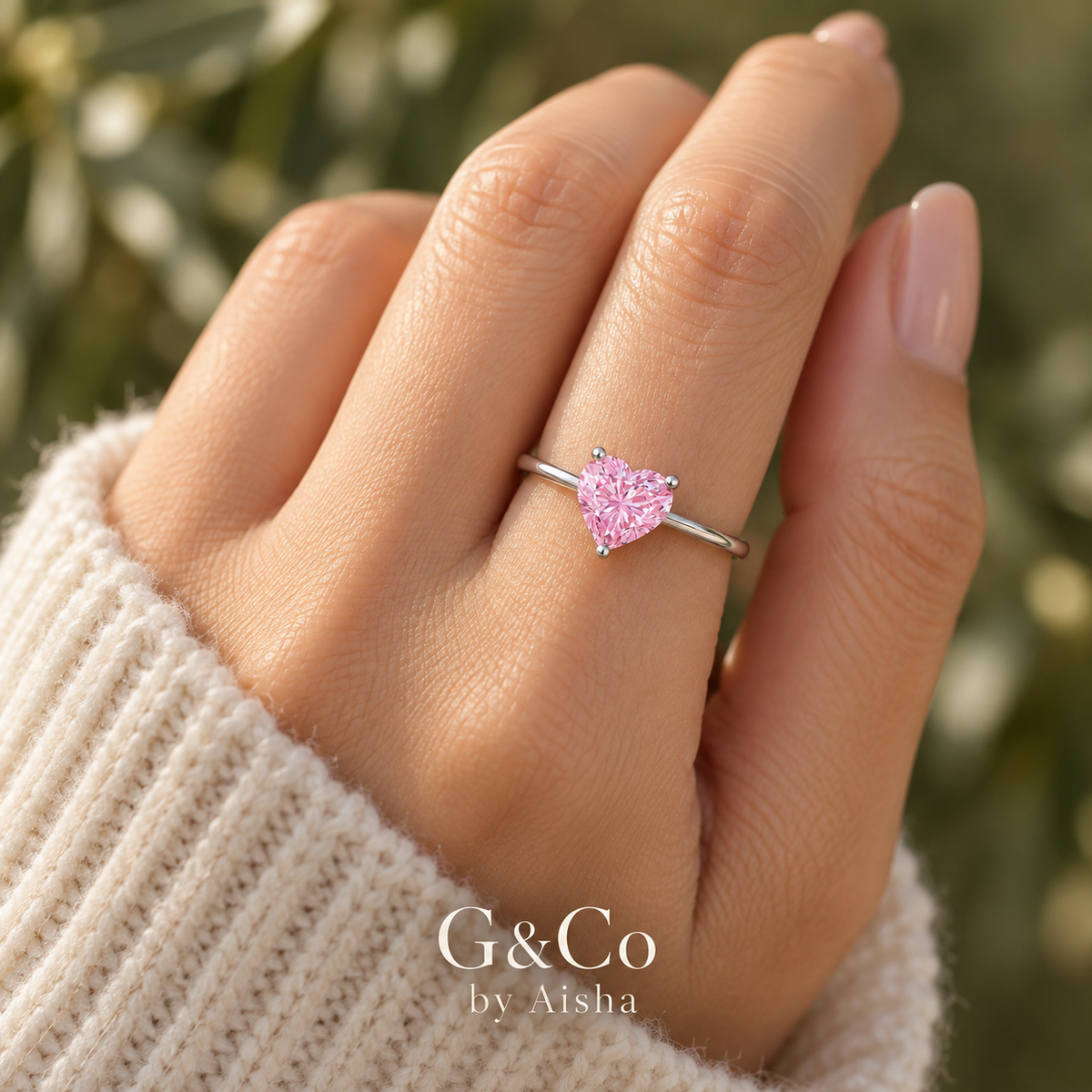 Rosalie pink heart-cut CZ ring, view 2: pink heart-cut CZ in three prongs on a slim band, 925 sterling silver, Dubai