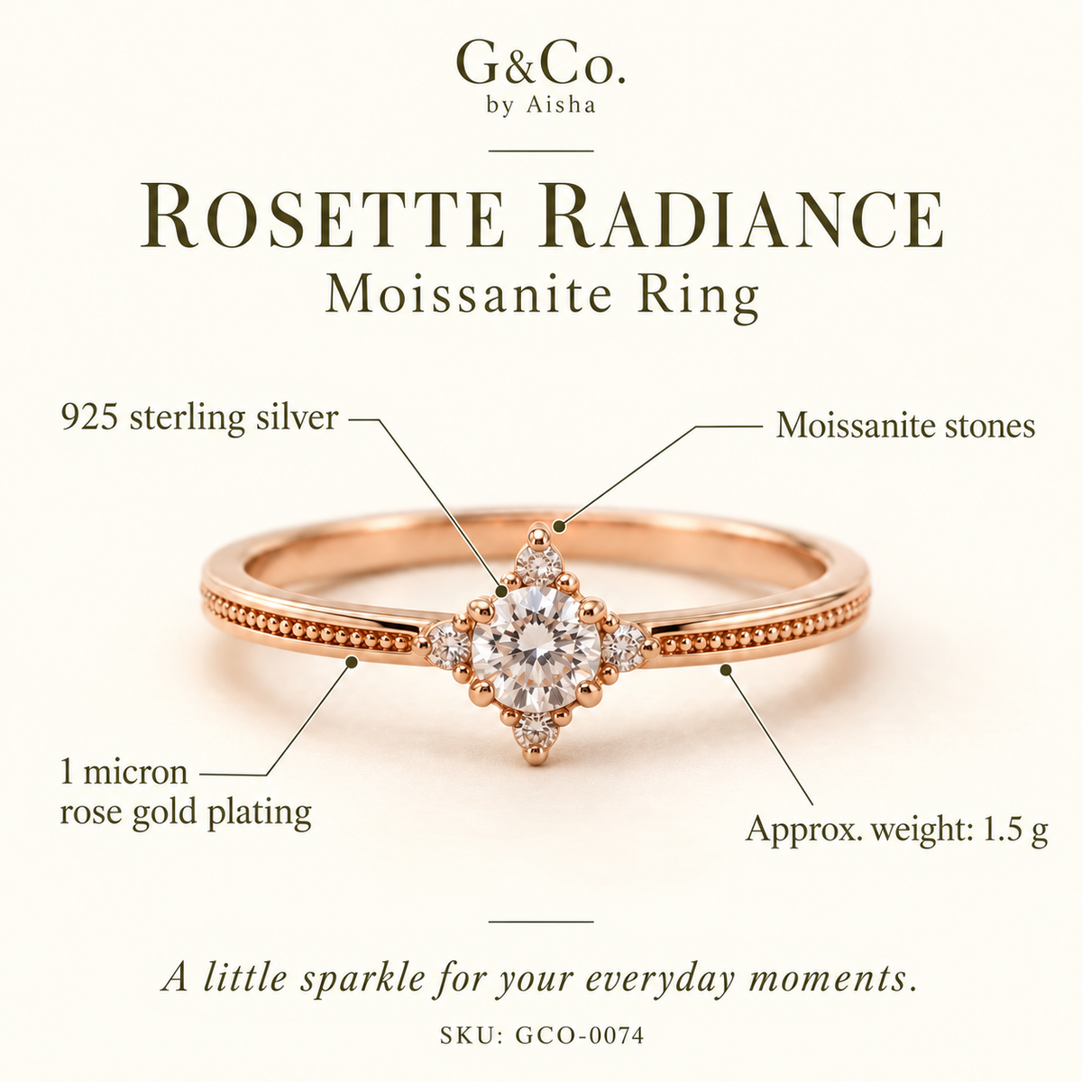 Rosette Radiance five-stone moissanite ring, view 2: round moissanite centre with four petite moissanite, Dubai