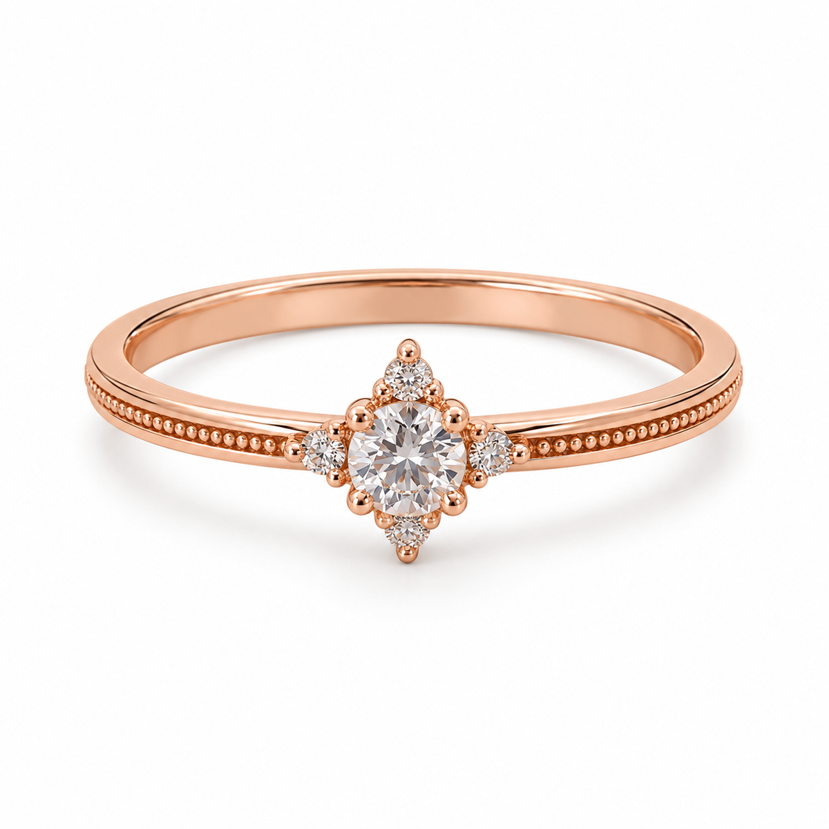 Rosette Radiance five-stone moissanite ring close-up: round moissanite centre with four petite moissanite, Dubai
