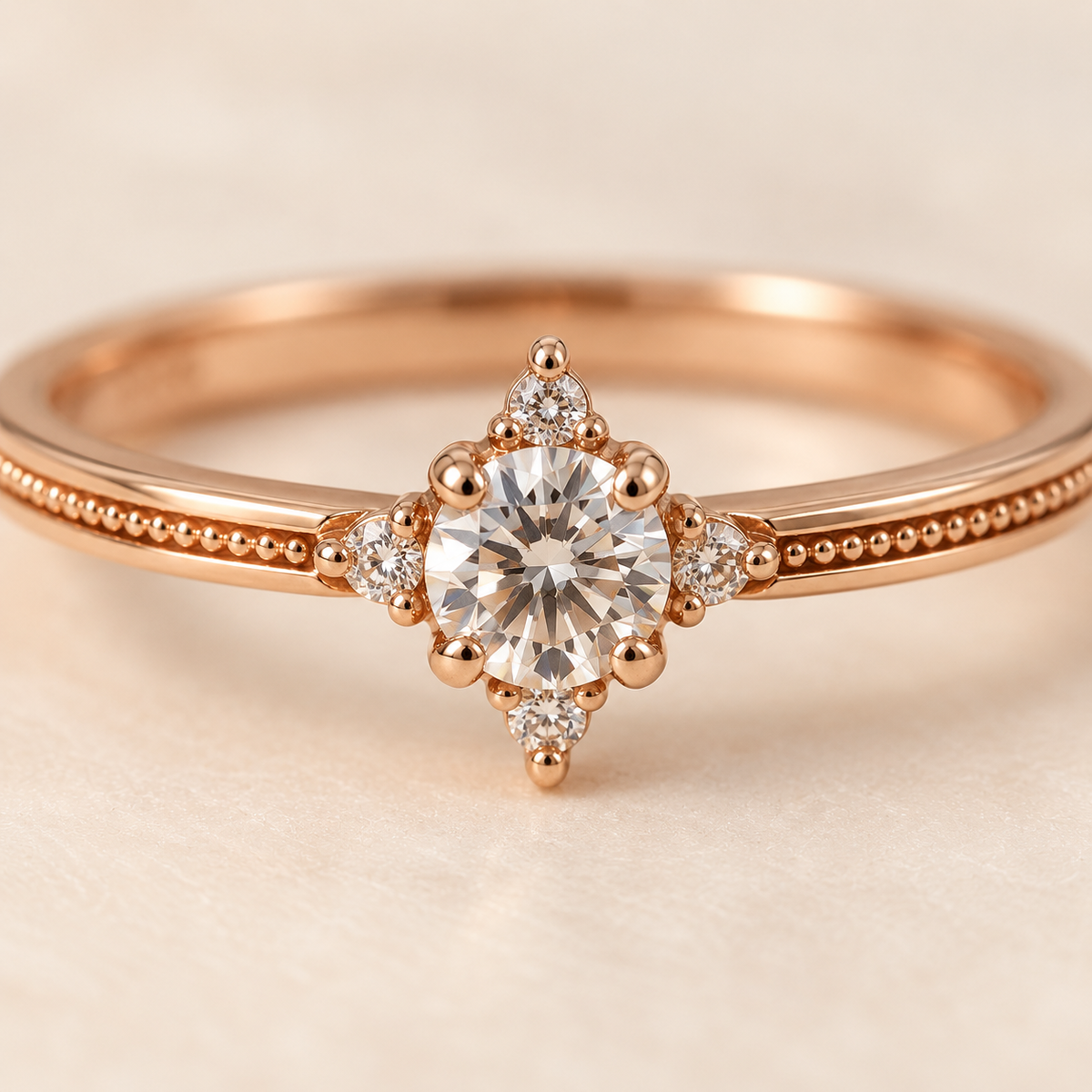 Rosette Radiance five-stone moissanite ring, view 3: round moissanite centre with four petite moissanite, Dubai