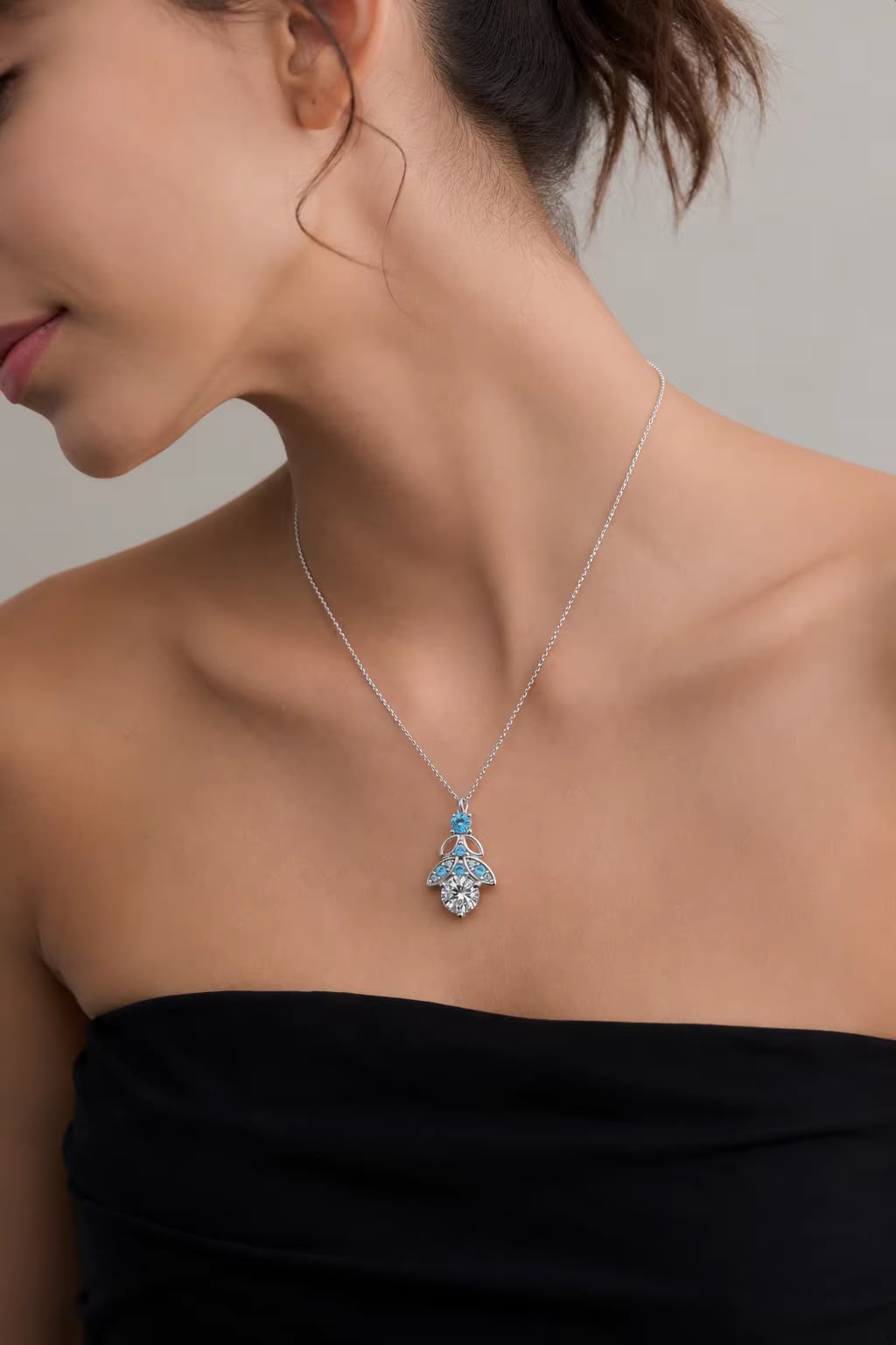 Ruba blue & clear moissanite flower necklace, view 4: blue and clear moissanite in a floral openwork pendant, Dubai