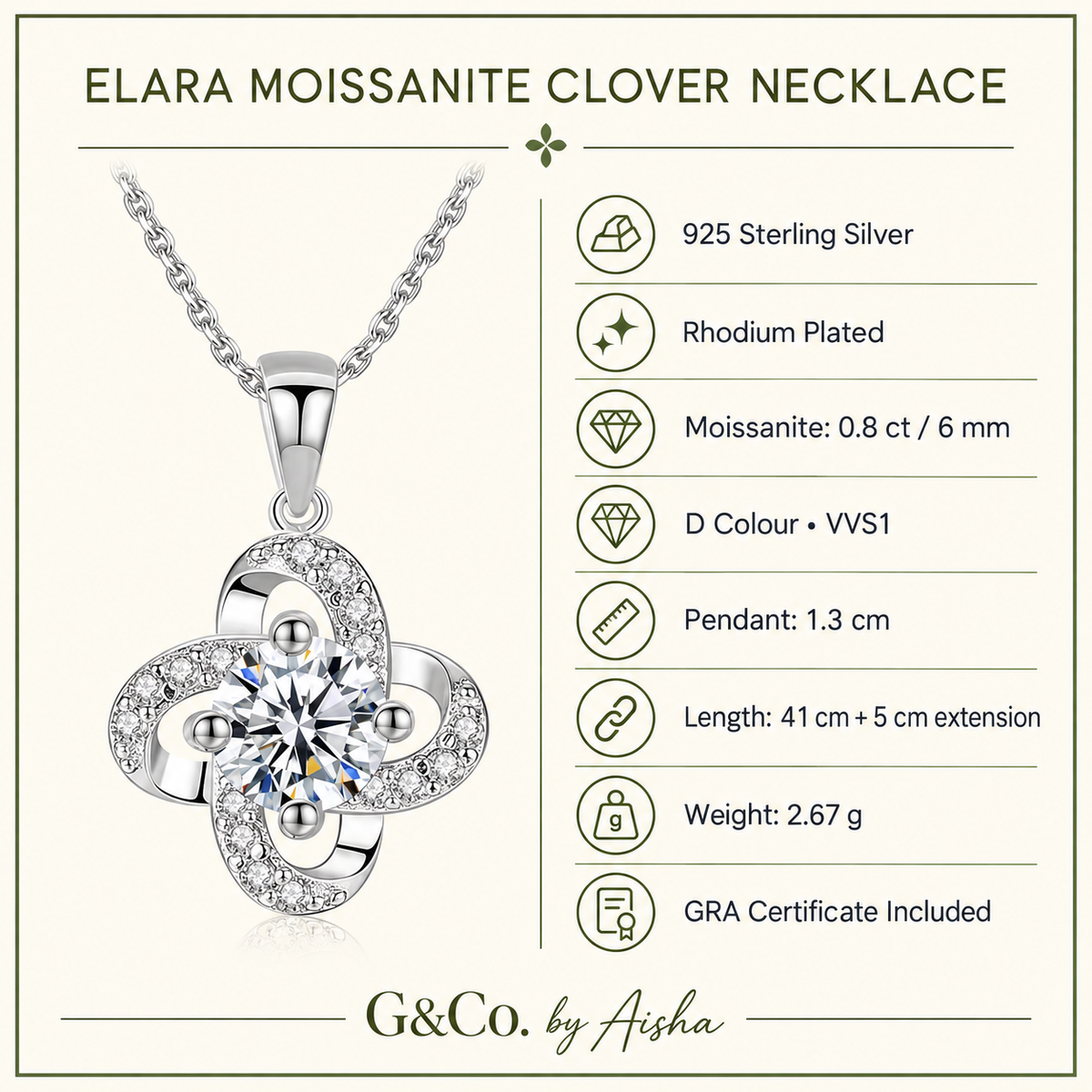 Salma four-loop clover moissanite necklace, view 2: 6 mm moissanite surrounded by four clover loops, Dubai