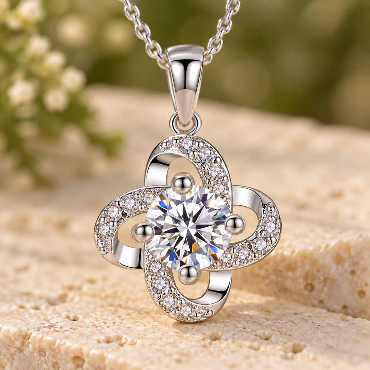 Salma four-loop clover moissanite necklace, view 3: 6 mm moissanite surrounded by four clover loops, Dubai