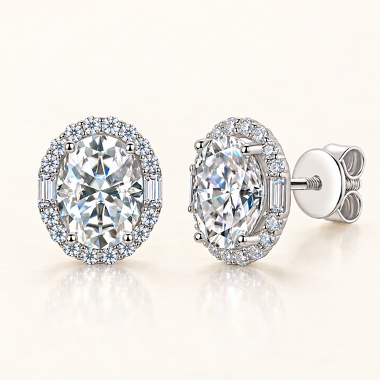 Sama oval halo moissanite stud earrings close-up: 6 x 8 mm oval moissanite studs in a moissanite halo, Dubai