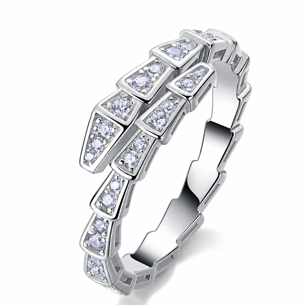 Sana double-row moissanite wrap ring close-up: overlapping rows of tapered silver set with moissanite, Dubai