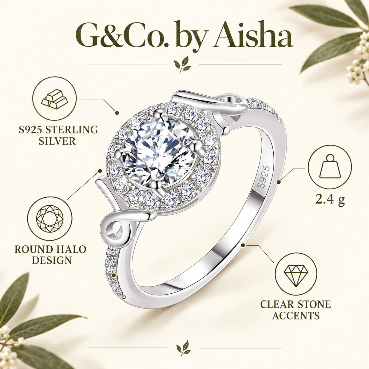 Selin ribbon halo moissanite ring, view 2: 6.5 mm moissanite in a CZ halo with ribbon curves, 925 sterling silver, Dubai