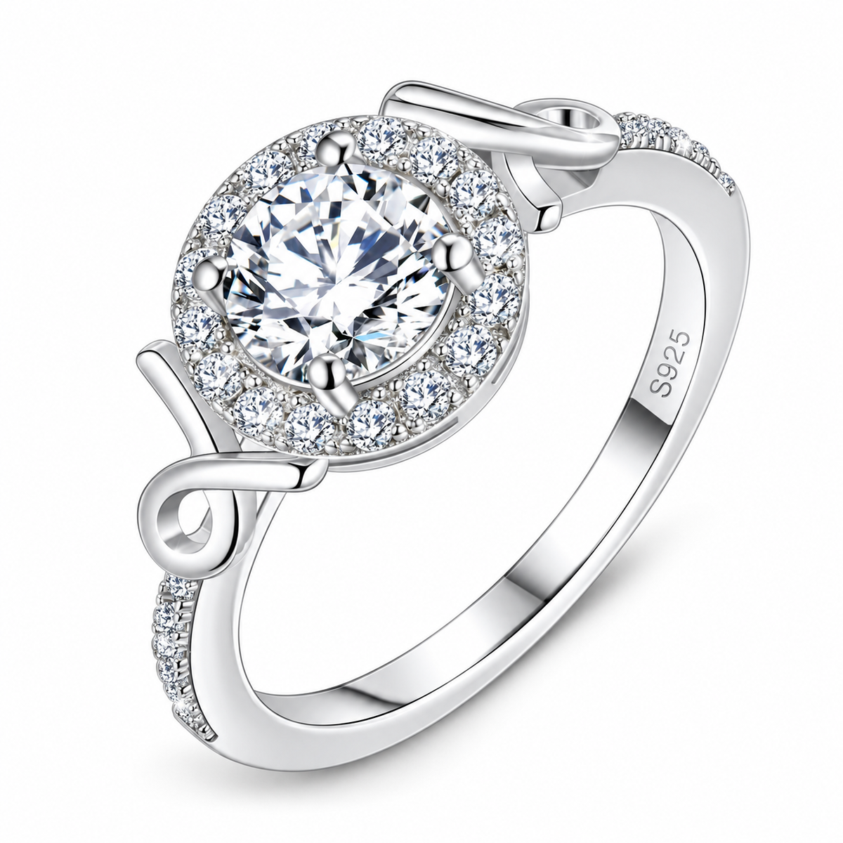 Selin ribbon halo moissanite ring close-up: 6.5 mm moissanite in a CZ halo with ribbon curves, 925 sterling silver, Dubai