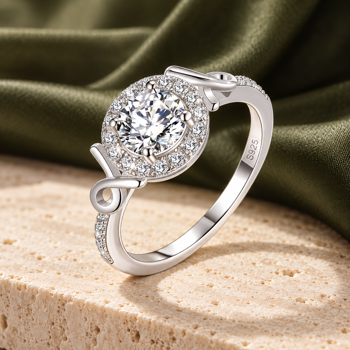 Selin ribbon halo moissanite ring, view 3: 6.5 mm moissanite in a CZ halo with ribbon curves, 925 sterling silver, Dubai