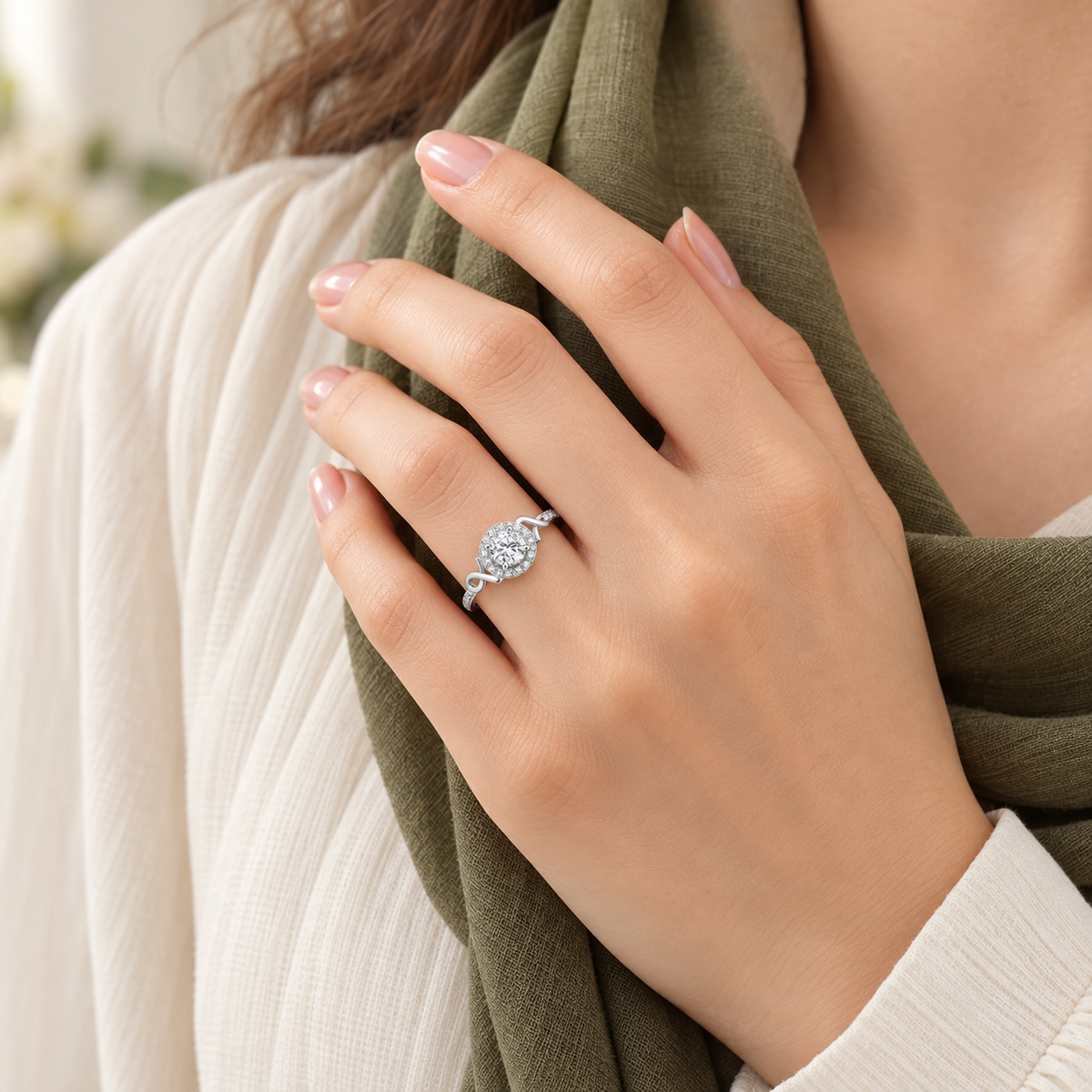 Selin ribbon halo moissanite ring, view 4: 6.5 mm moissanite in a CZ halo with ribbon curves, 925 sterling silver, Dubai