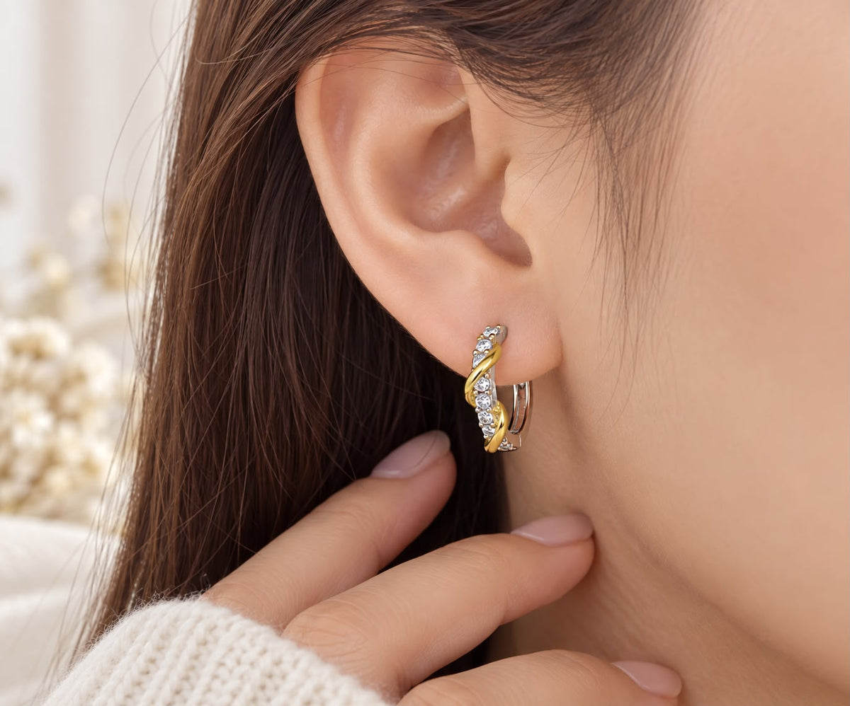 Sofia intertwined two-tone CZ hoop earrings, view 4: intertwined silver and gold-plated hoops with CZ, Dubai