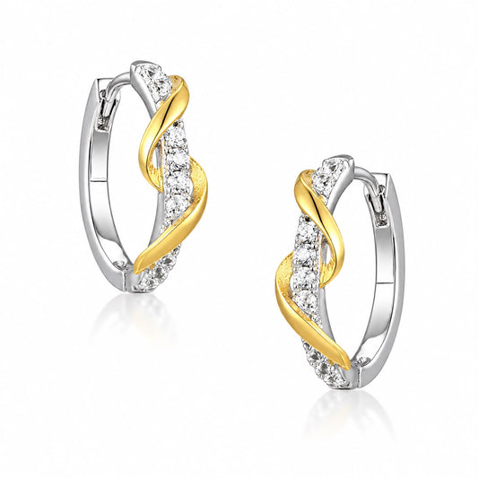 Sofia intertwined two-tone CZ hoop earrings close-up: intertwined silver and gold-plated hoops with CZ, Dubai