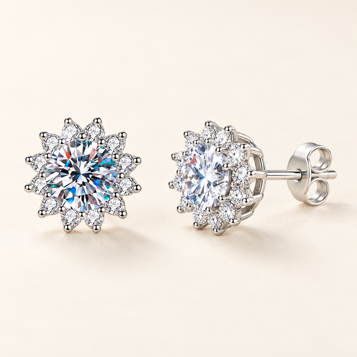 Solara sunburst halo moissanite stud earrings close-up: 5 mm moissanite studs in a sunburst halo, Dubai
