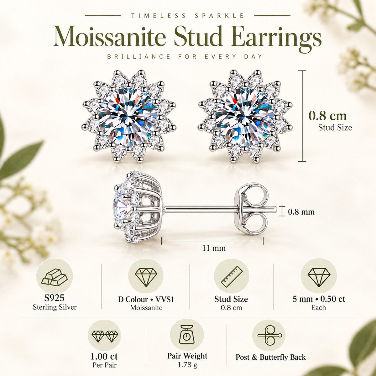 Solara sunburst halo moissanite stud earrings, view 2: 5 mm moissanite studs in a sunburst halo, 925 sterling silver, Dubai
