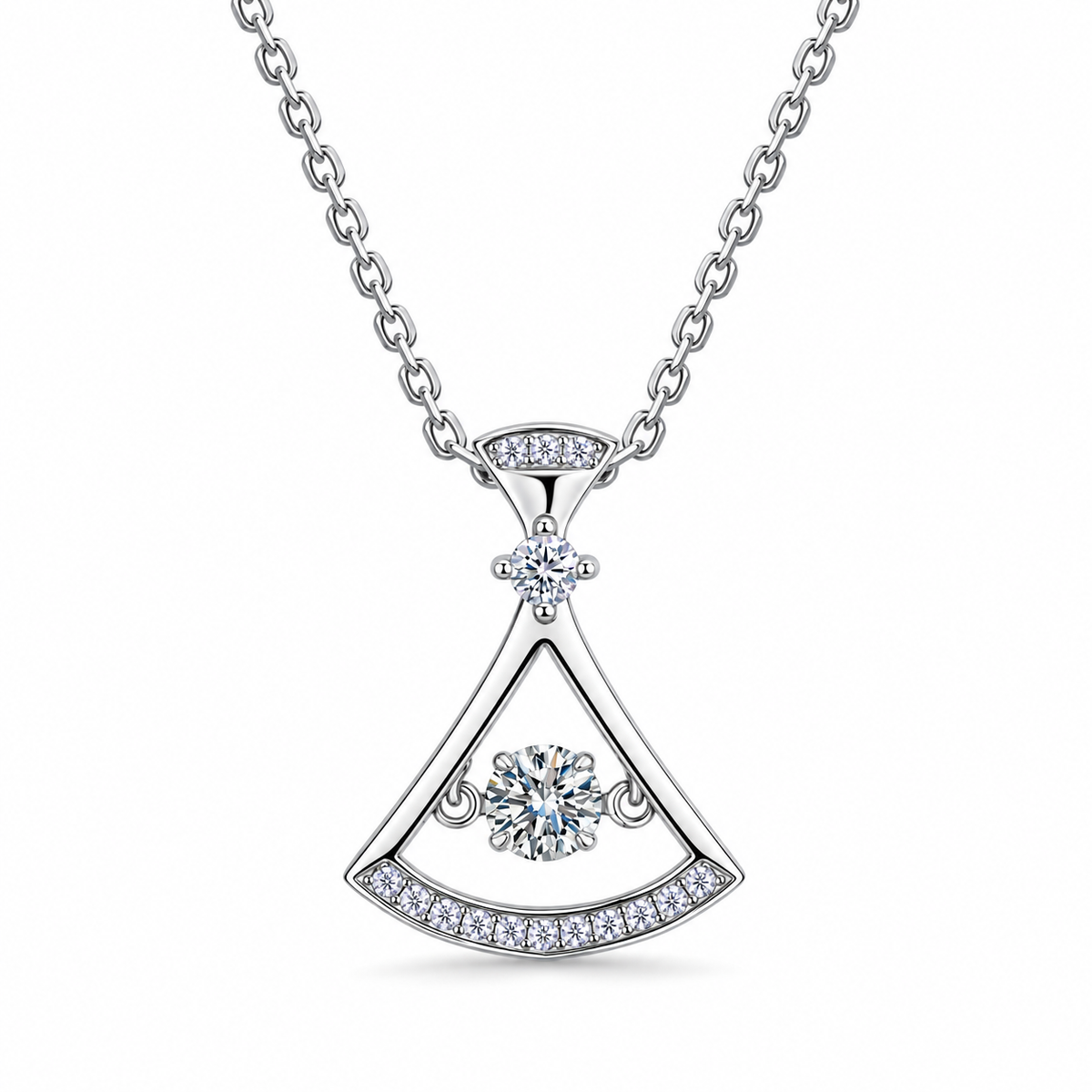 Soleia dancing moissanite fan necklace close-up: polished fan pendant with a suspended moissanite, 925 sterling silver, Dubai