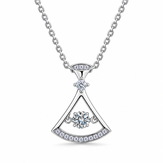 Soleia dancing moissanite fan necklace close-up: polished fan pendant with a suspended moissanite, 925 sterling silver, Dubai