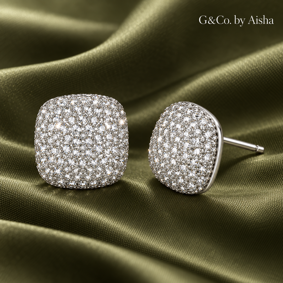 Solenne cushion pavé CZ stud earrings, view 4: domed cushion-square studs covered in tiny CZ, 925 sterling silver, Dubai