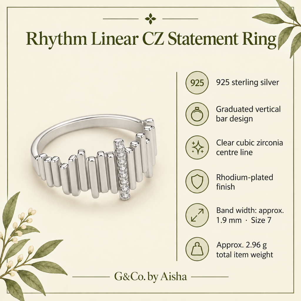 Sonara linear CZ ring, view 2: graduated vertical bars with a central CZ line, 925 sterling silver, Dubai