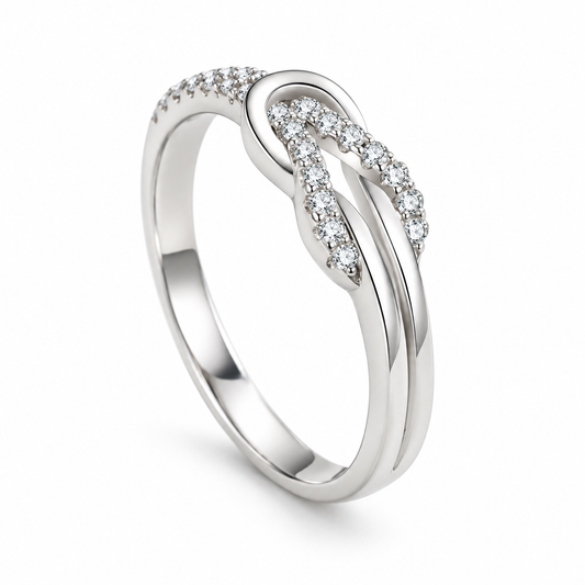 Talia intertwined pavé CZ ring close-up: slim intertwined split band with pavé CZ, 925 sterling silver, Dubai