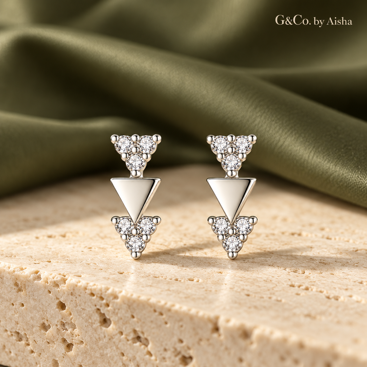 Trinity prism CZ sparkle earrings, view 4: polished inverted triangle between CZ triangles, 925 sterling silver, Dubai
