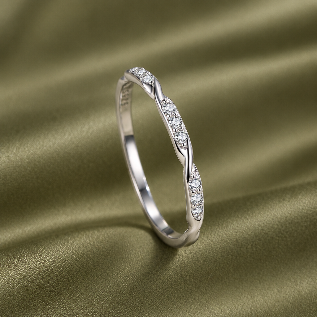Vague twisted wave band ring, view 3: flowing twisted wave band with CZ, 925 sterling silver, Dubai