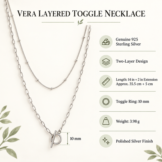 Vera bead & paperclip layered toggle necklace, view 2: bead-station chain layered with paperclip chain and toggle, Dubai