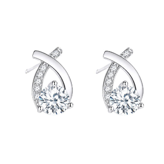 Water drop cross zircon stud earrings close-up: water-drop cross studs with round zircon, 925 sterling silver, Dubai