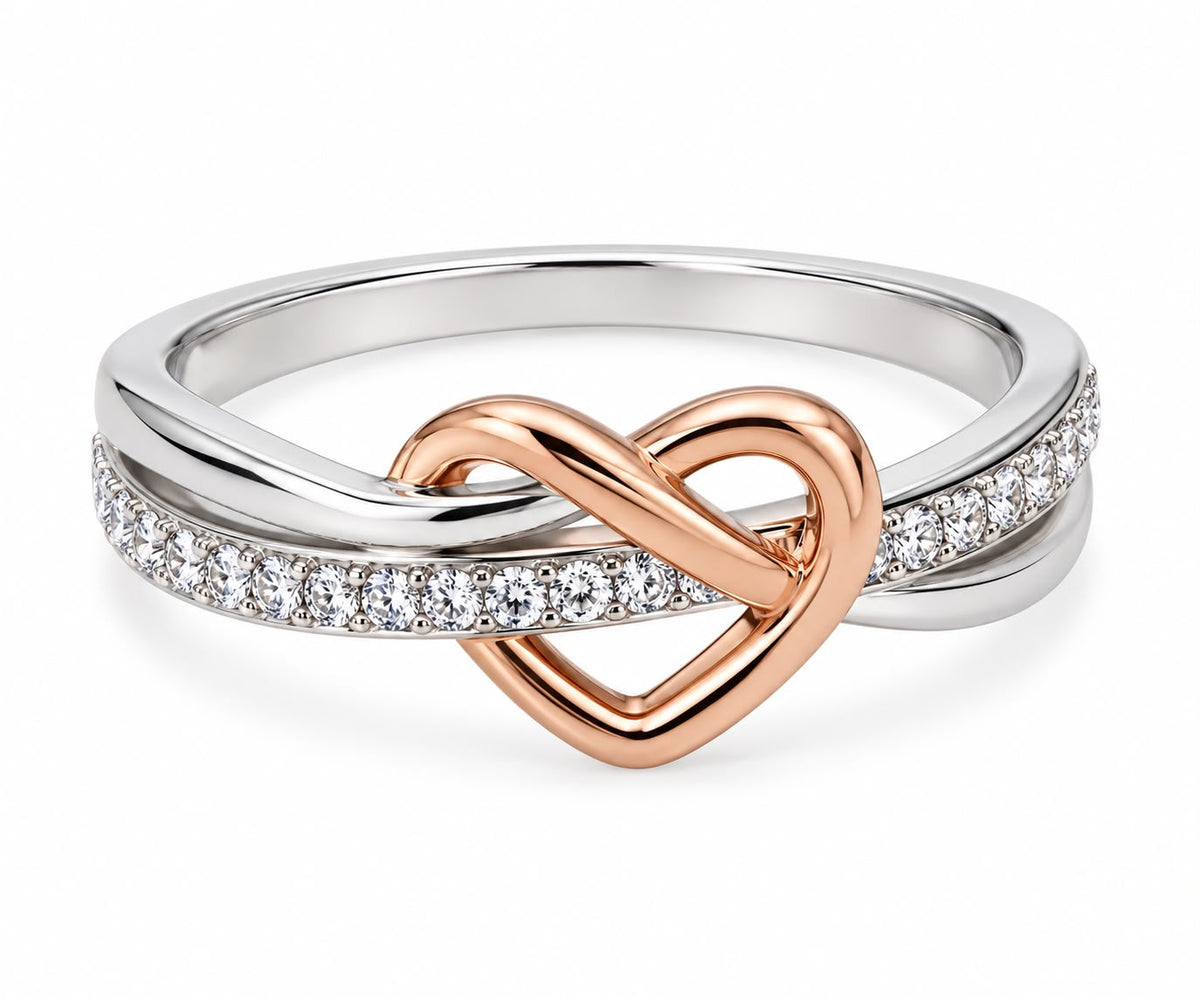Yasmin two-tone intertwined heart CZ ring, view 2: intertwined bands with a rose-gold-plated heart and CZ, Dubai