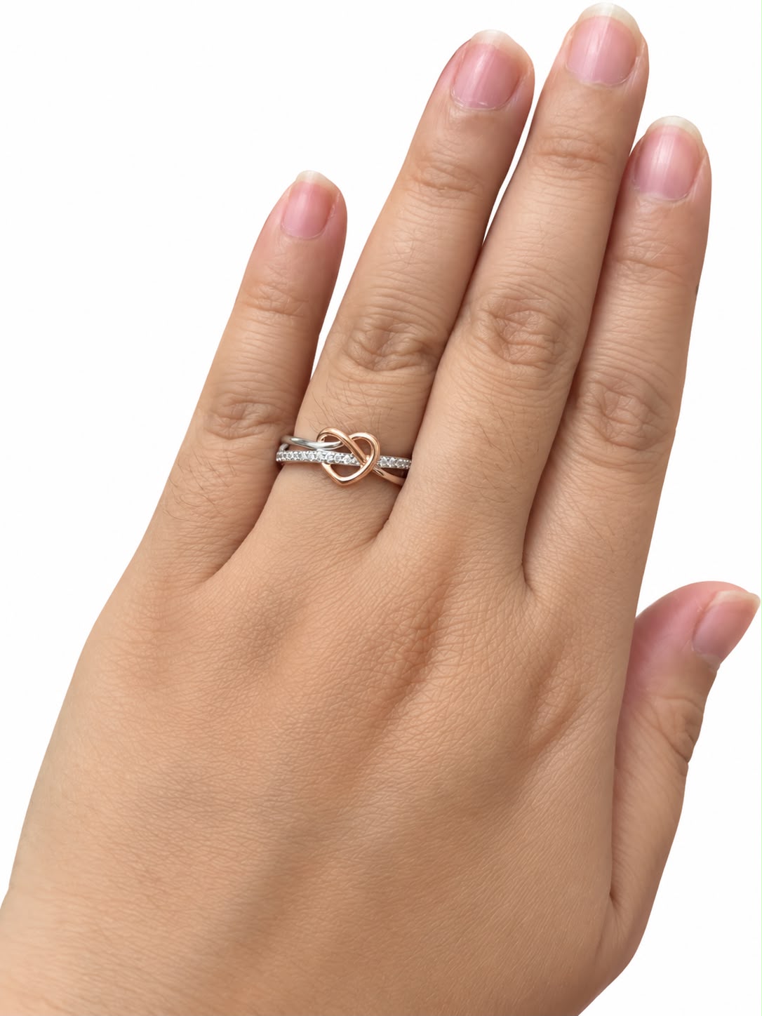 Yasmin two-tone intertwined heart CZ ring, view 5: intertwined bands with a rose-gold-plated heart and CZ, Dubai