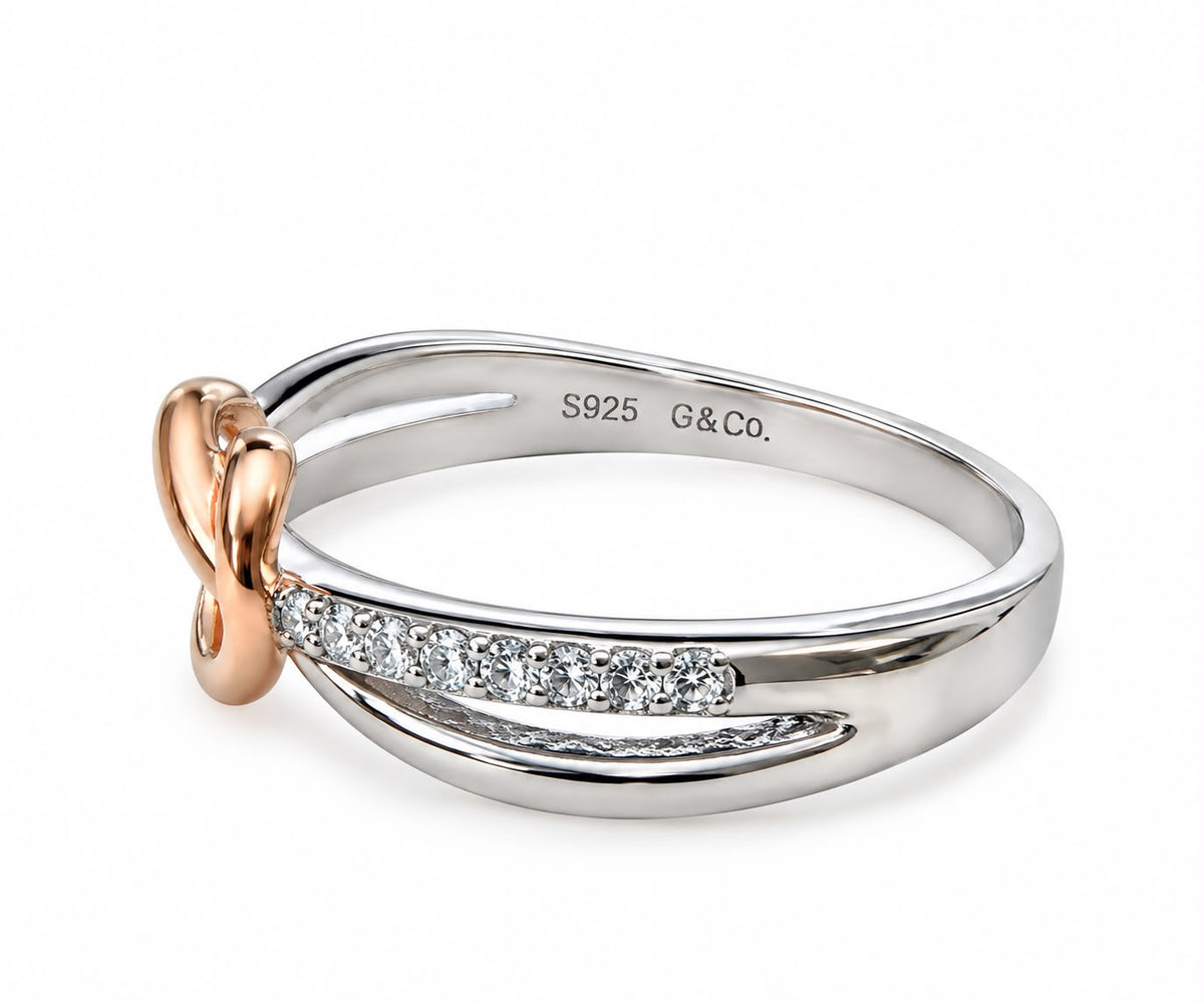 Yasmin two-tone intertwined heart CZ ring, view 3: intertwined bands with a rose-gold-plated heart and CZ, Dubai