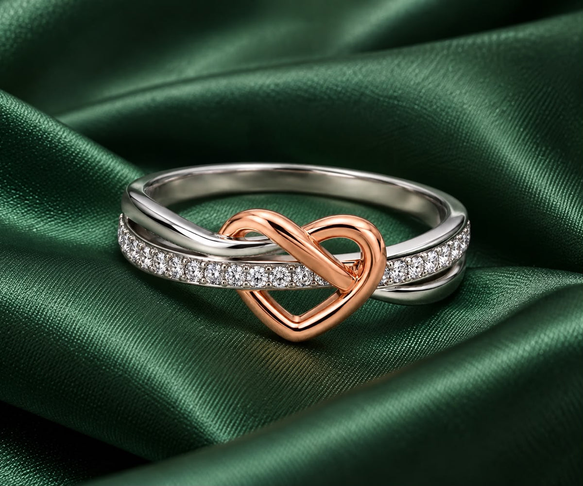 Yasmin two-tone intertwined heart CZ ring, view 4: intertwined bands with a rose-gold-plated heart and CZ, Dubai