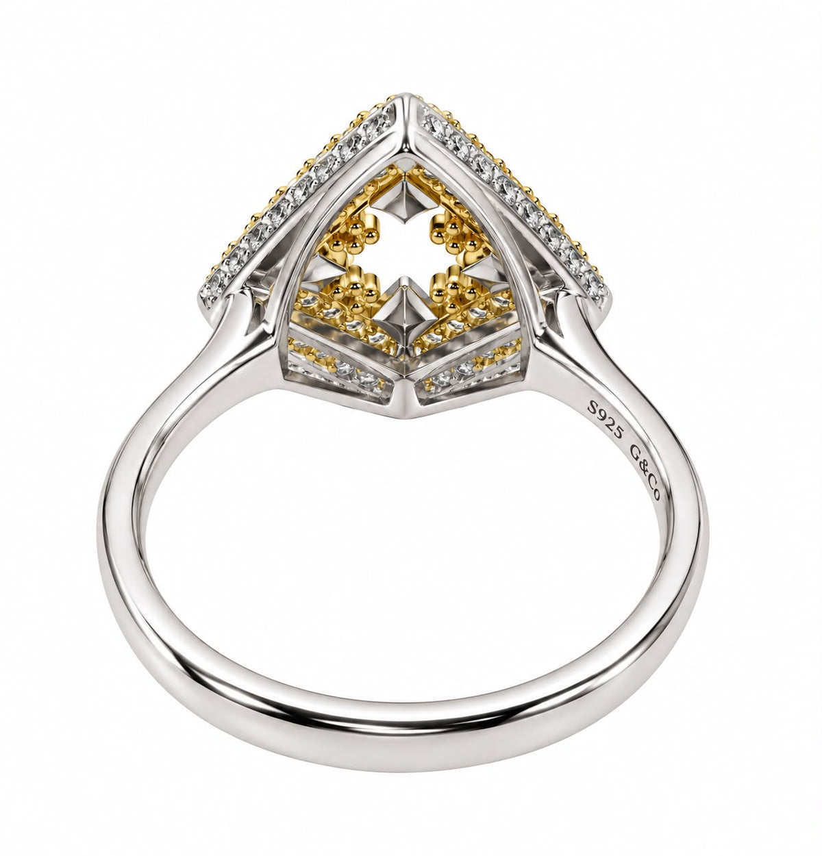 Zahra geometric bloom CZ ring, view 4: geometric bloom with yellow-gold details and white CZ, 925 sterling silver, Dubai