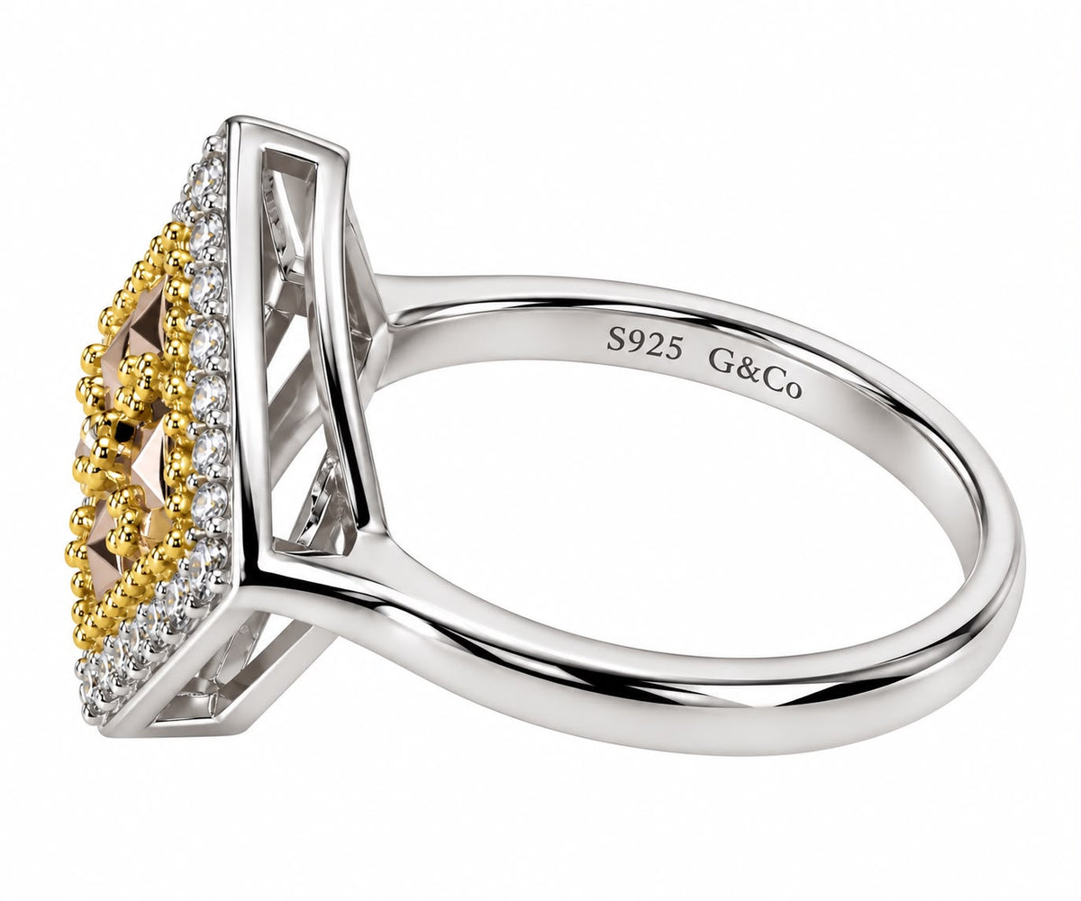 Zahra geometric bloom CZ ring, view 2: geometric bloom with yellow-gold details and white CZ, 925 sterling silver, Dubai