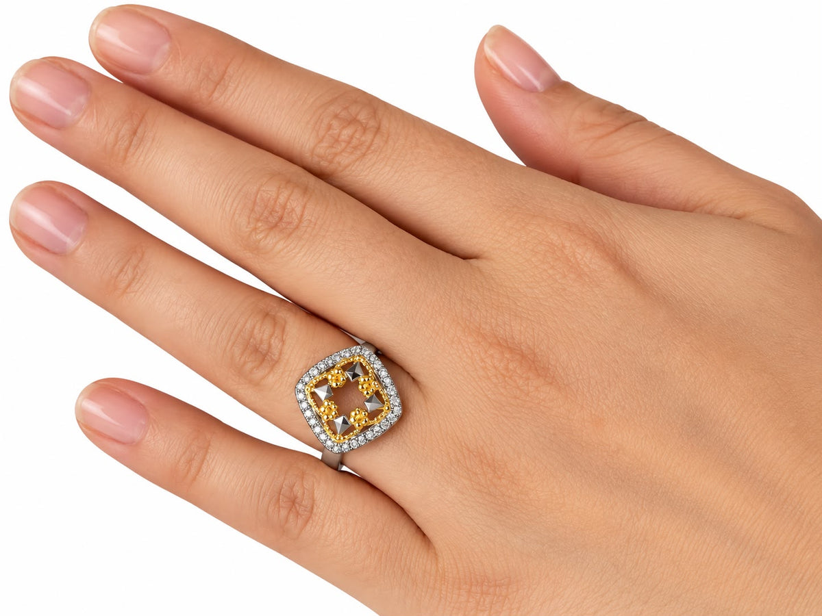Zahra geometric bloom CZ ring, view 5: geometric bloom with yellow-gold details and white CZ, 925 sterling silver, Dubai
