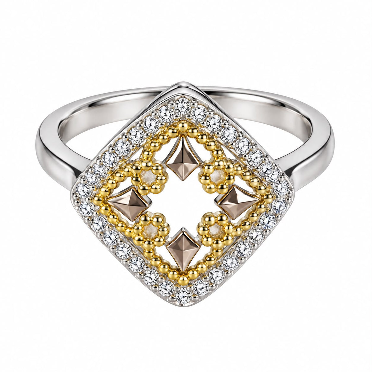 Zahra geometric bloom CZ ring close-up: geometric bloom with yellow-gold details and white CZ, 925 sterling silver, Dubai