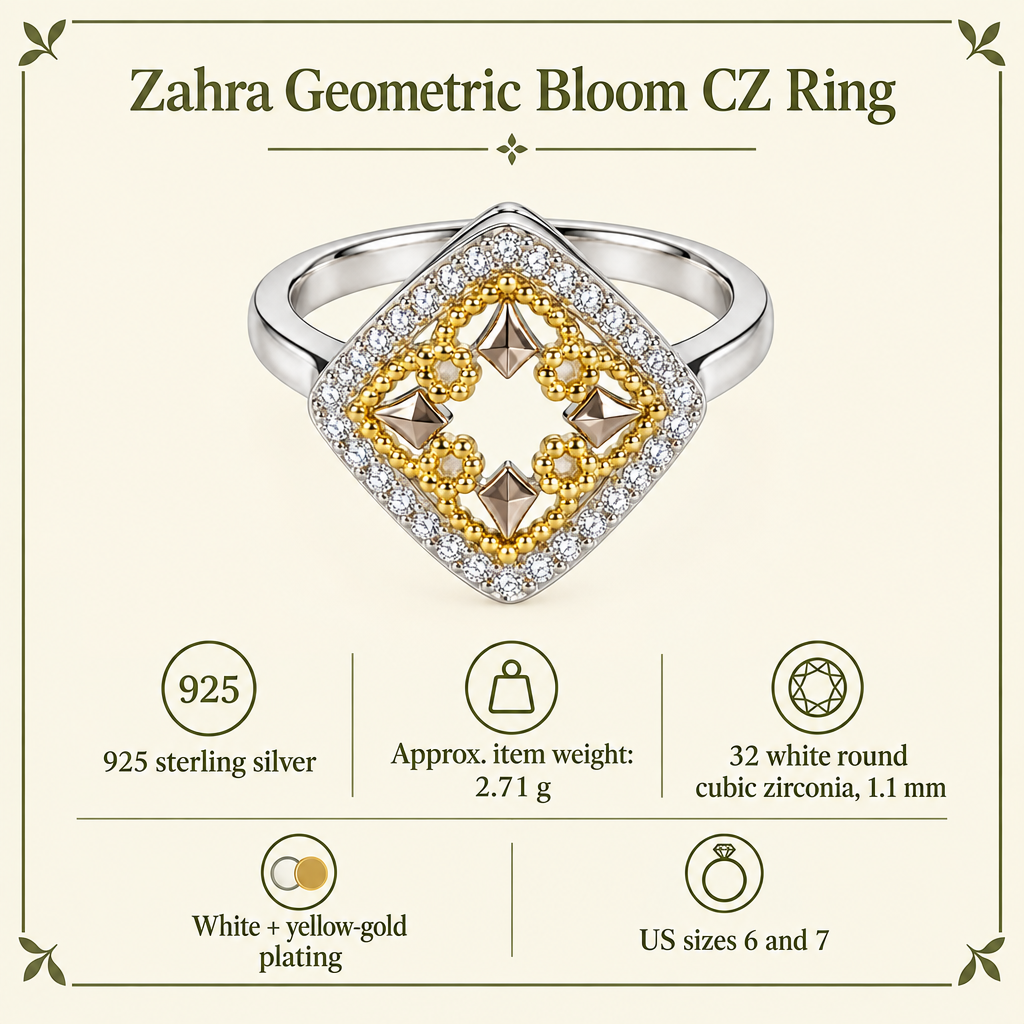 Zahra geometric bloom CZ ring, view 3: geometric bloom with yellow-gold details and white CZ, 925 sterling silver, Dubai