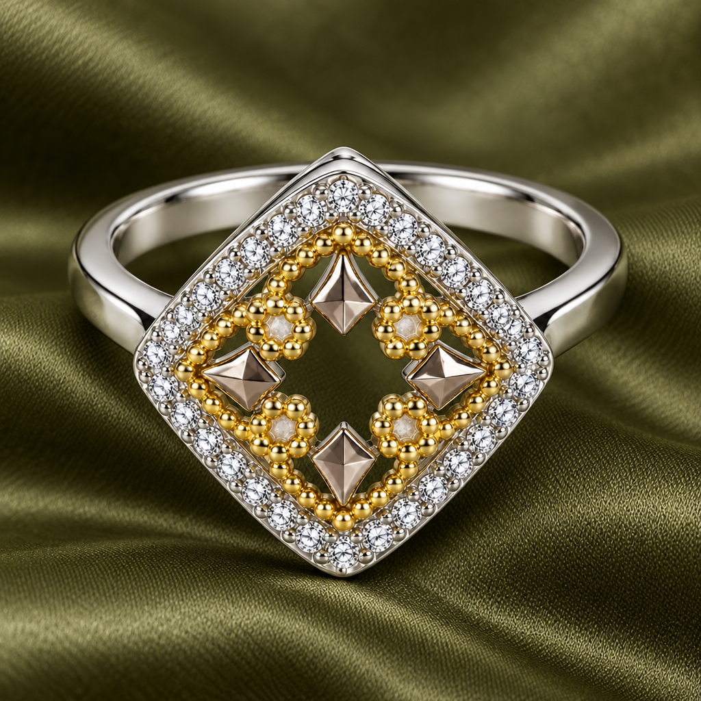 Zahra geometric bloom CZ ring, view 6: geometric bloom with yellow-gold details and white CZ, 925 sterling silver, Dubai